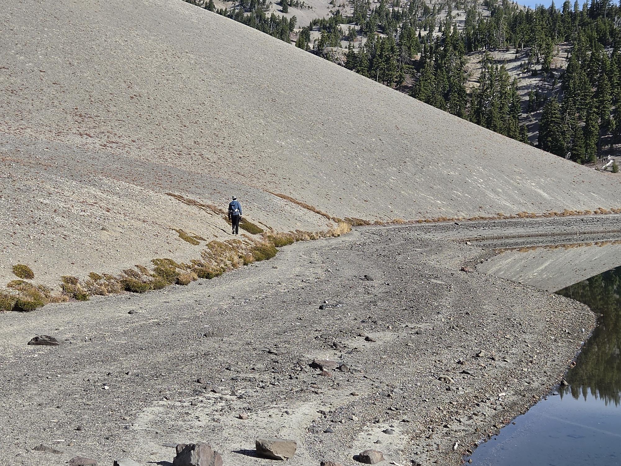 Hiking trail curving across pale volcanic ground near Moraine Lake and South Sister.